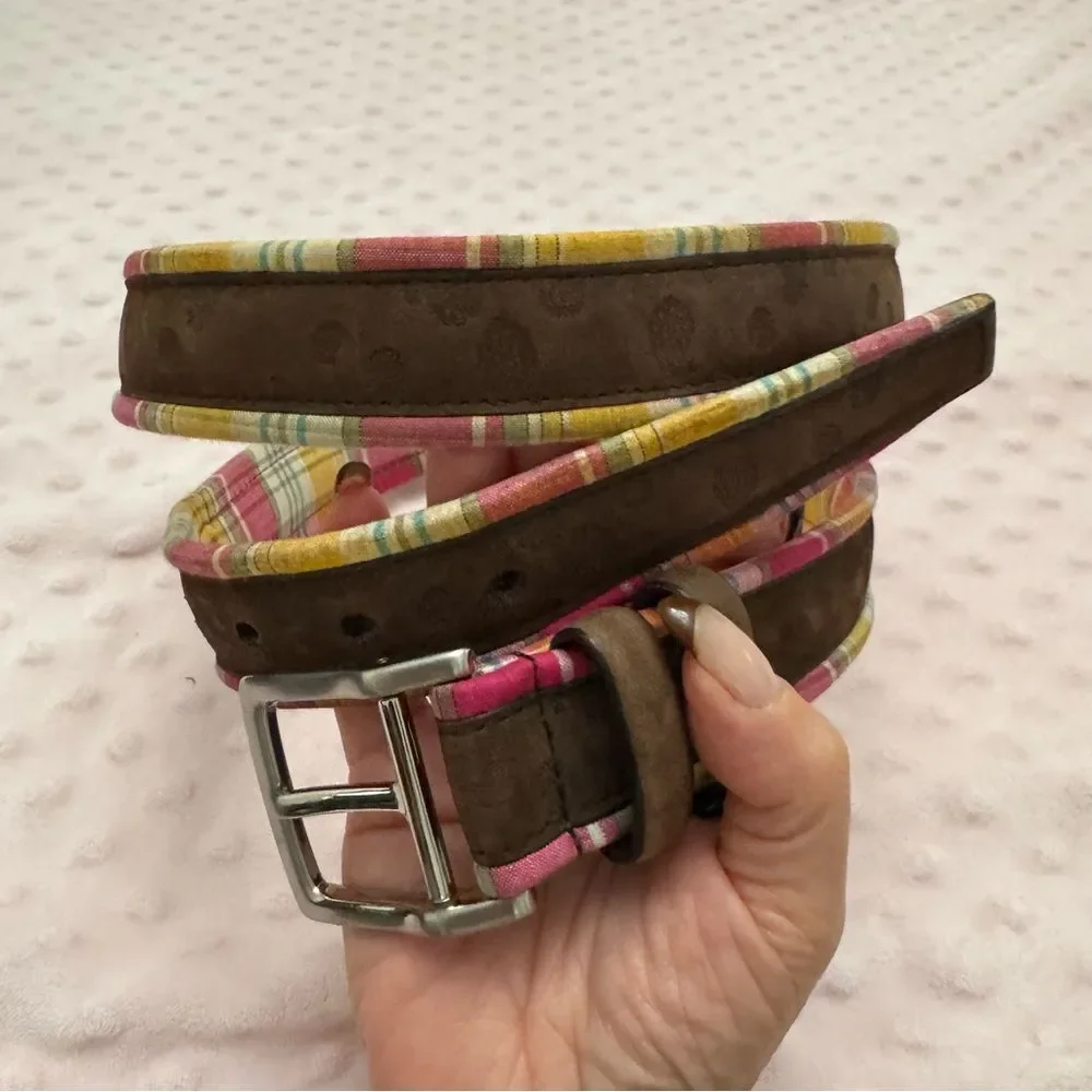 Robert Graham Men's Brown Multicolor Leather Plaid Belt Size 42/105